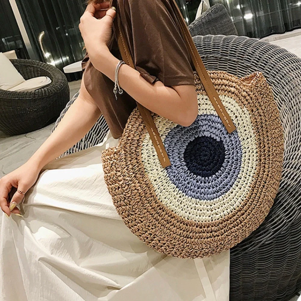 ❤️❤️❤️❤️Tan Basket Straw Top Handle Bag Beach Vacation Shoulder Tote Purse NEW - Picture 1 of 12